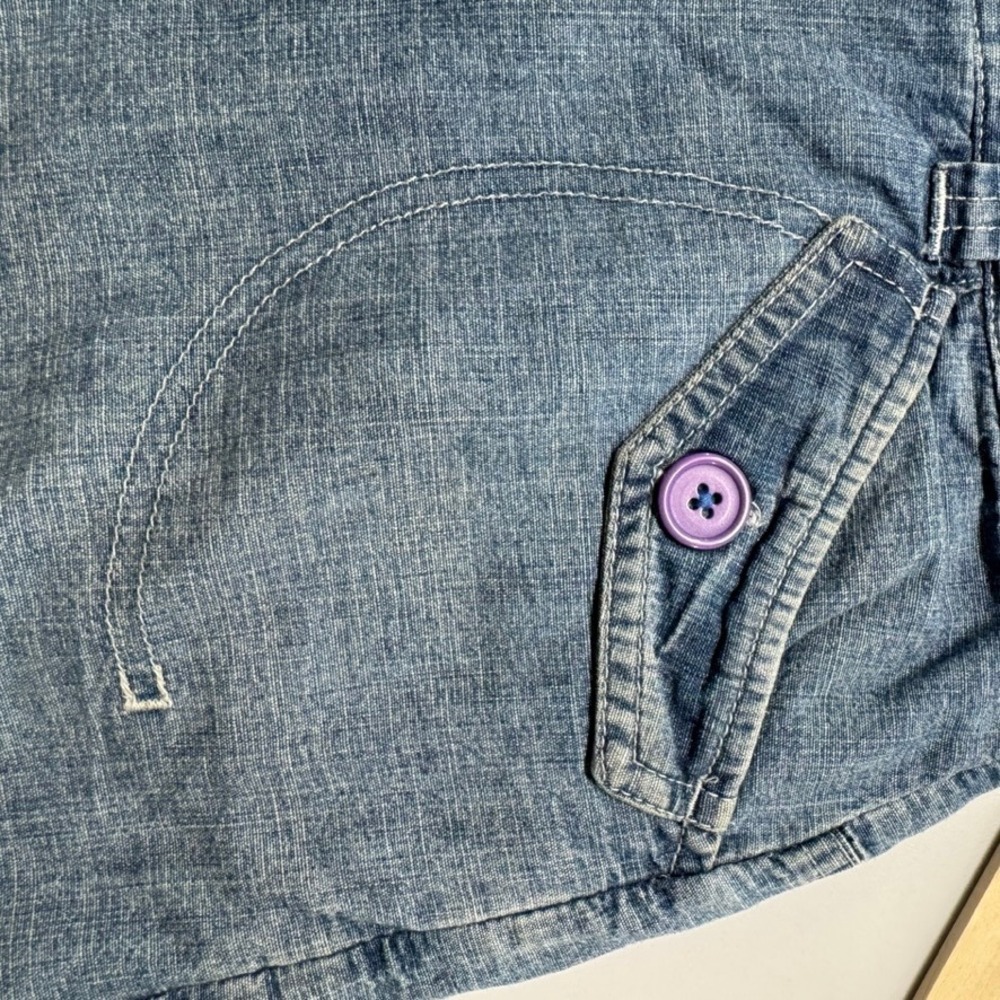 French Cuff Denim Mini Skirt Blue Cotton Purple Button Utility Pockets Size 8 - Picture 8 of 9